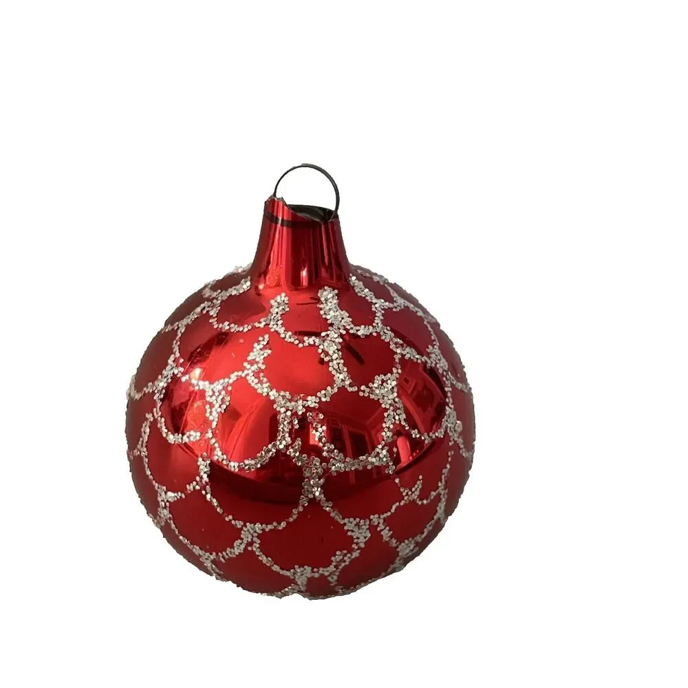 Vintage Hand Painted Blown Glass Red Ball Scalloped Glitter Christmas Ornament